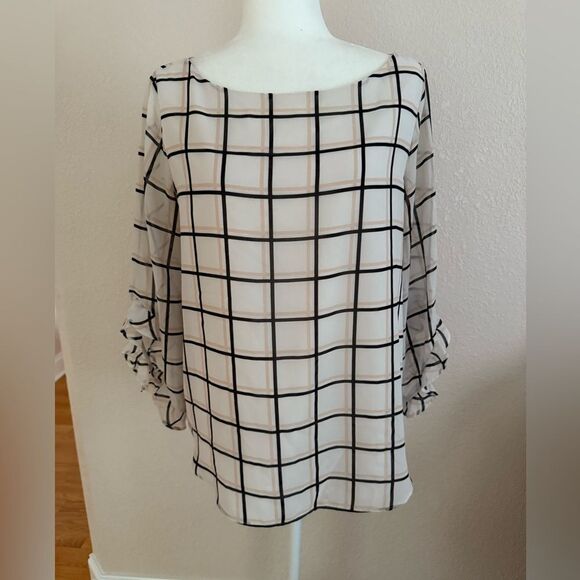 Calvin Klein Black and White Boxy 3/4 Sleeve Blouse - Picture 2 of 10